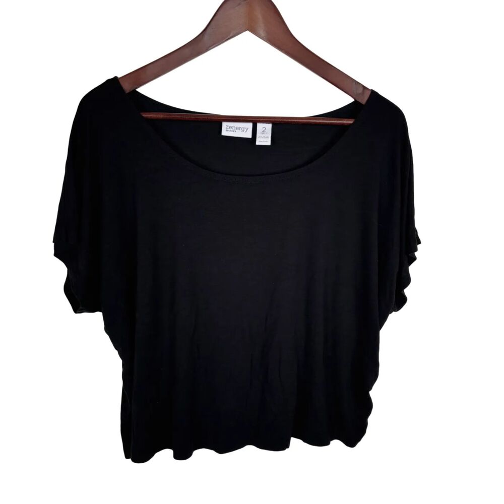 Chico's Zenergy Black Cropped Short Sleeve Blouse Top Women's 2 Large
